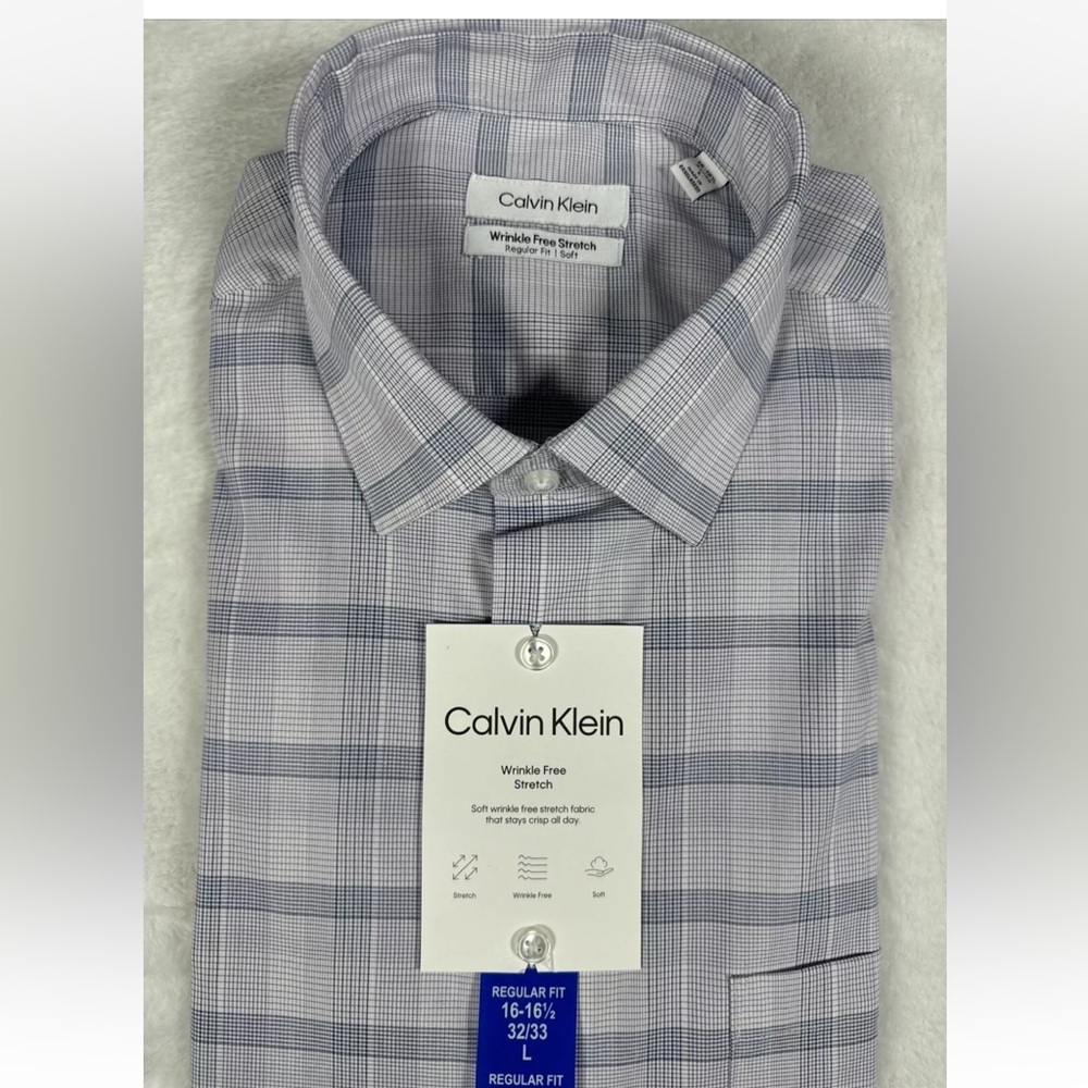 New Calvin Klein Men's Shirt 16/16.5, 34/35, L Regular fit Wrinkle Free Stretch